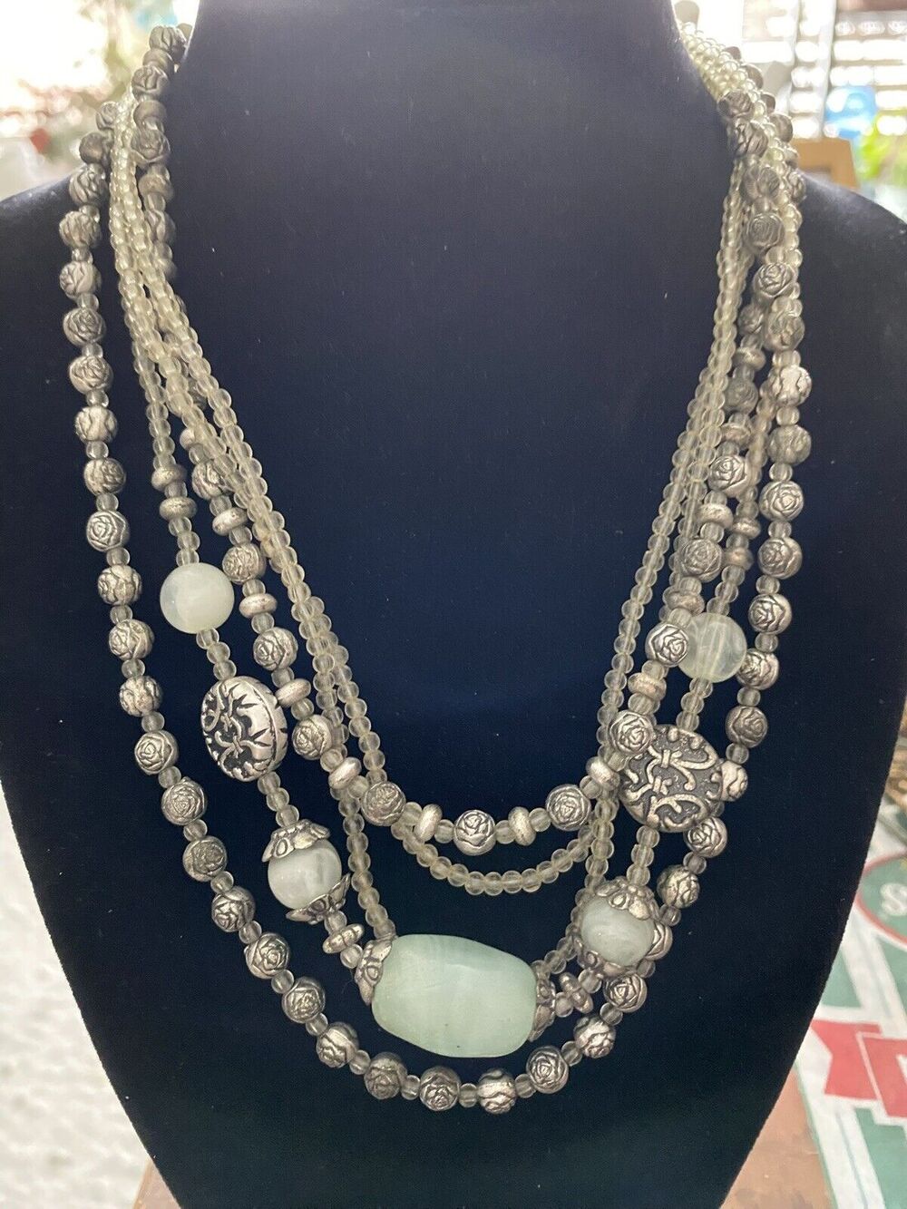 Vtg Premier Design Cool Water Lt Grn Antiqued Matte Silver Necklace And Bracelet